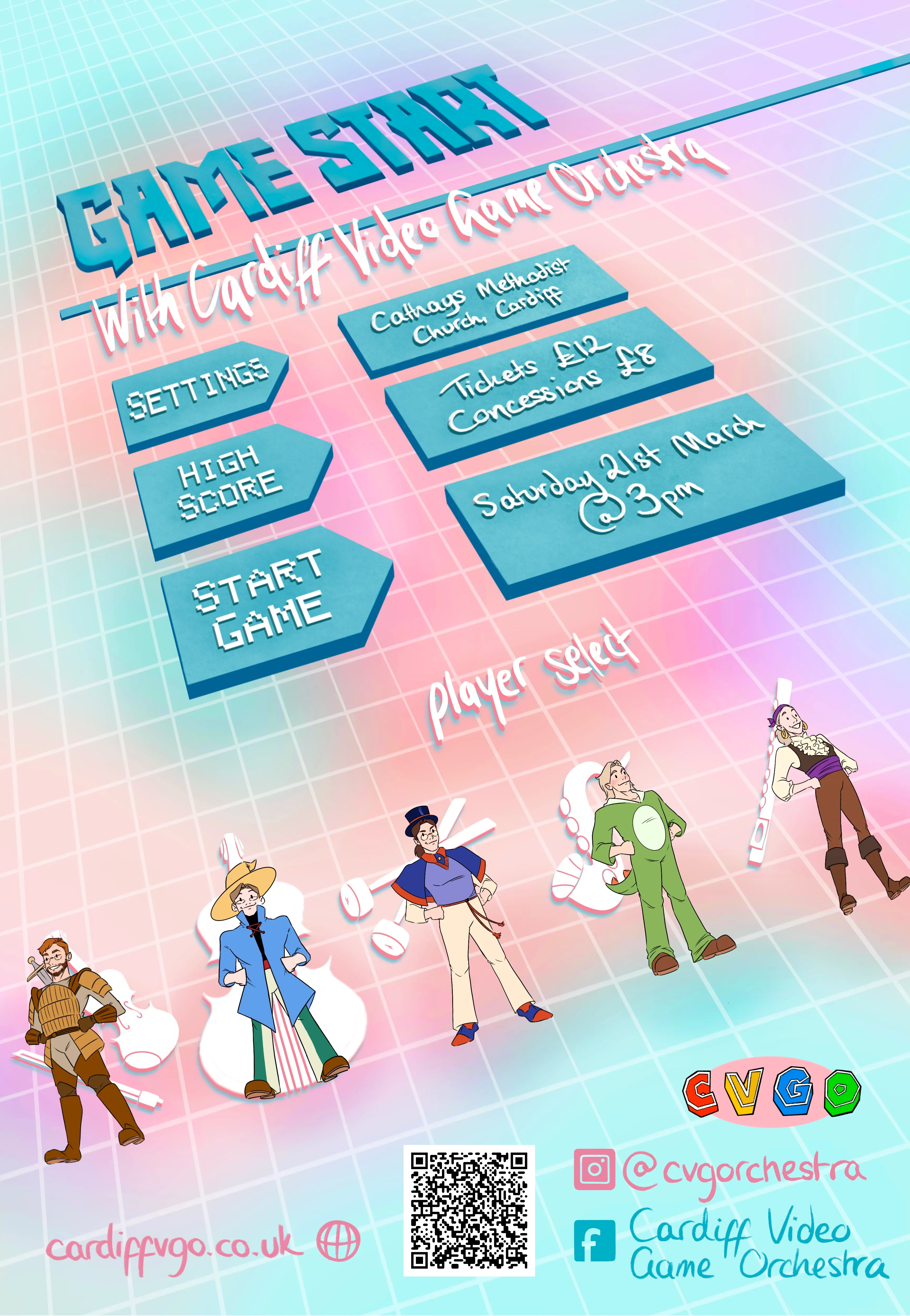 Pink and blue blurred background with text and graphics resembling a game start menu. Five portraits of musicians resemble a 'player select' menu.