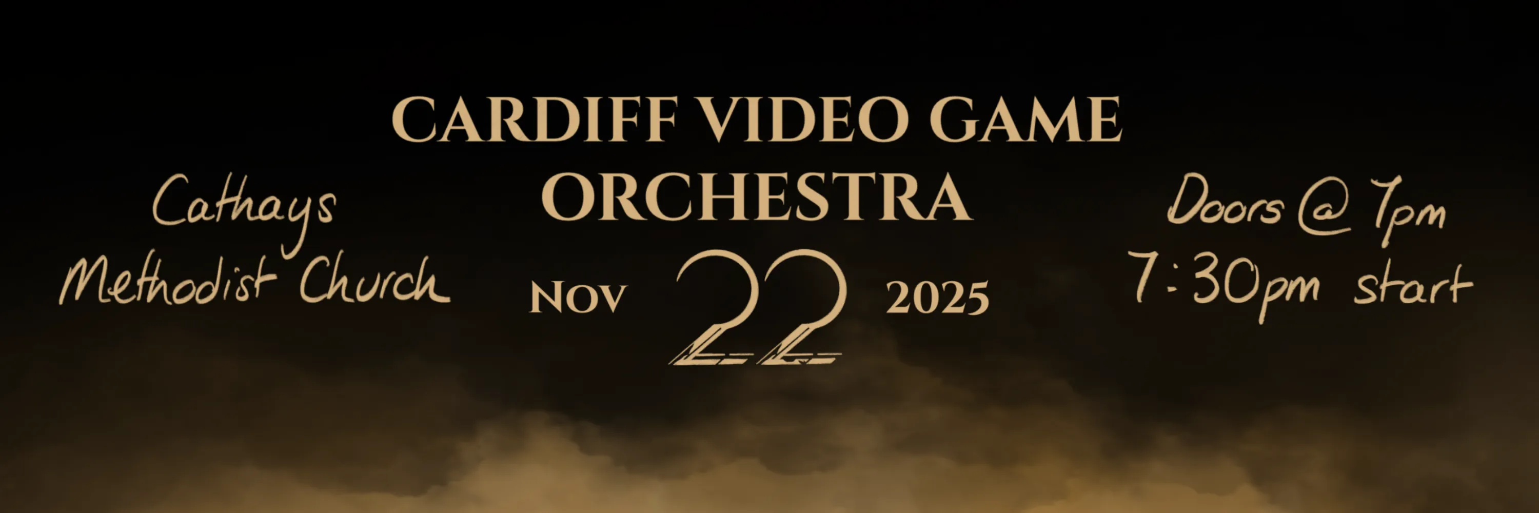 Dark, broody banner with golden clouds in the style of Clair Obscur:Expedition 33.